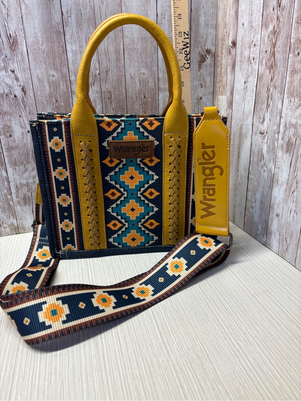 Wrangler Mustard Yellow & Teal Patterned Satchel with Removable Guitar Strap EUC